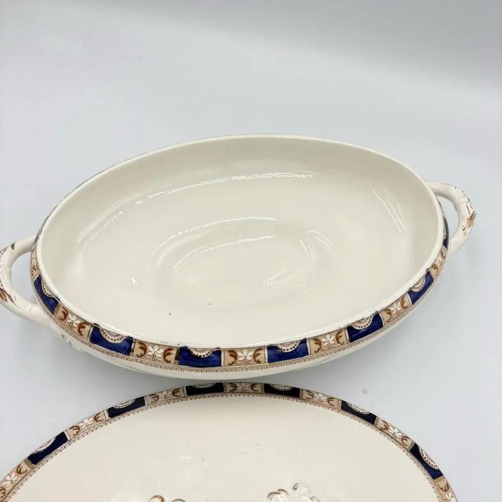 1915 antique Royal Sydneyware William Lowe Covered  Oval Dish  China‎ Blue Gold